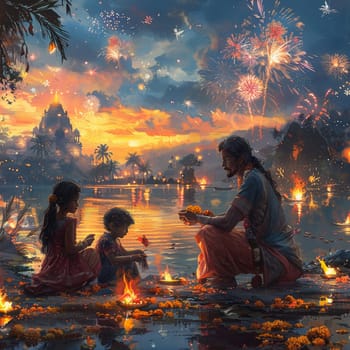 Vibrant digital art piece of families enjoying Gudi Padwa festivities, with fireworks and traditional decorations.