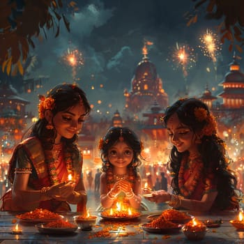 Vibrant digital art piece of families enjoying Gudi Padwa festivities, with fireworks and traditional decorations.