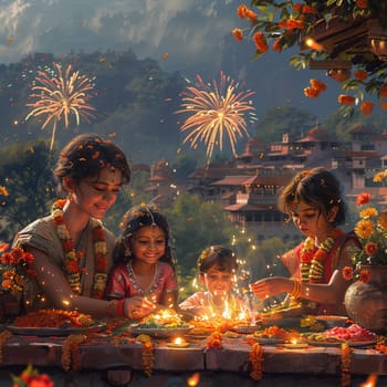 Vibrant digital art piece of families enjoying Gudi Padwa festivities, with fireworks and traditional decorations.