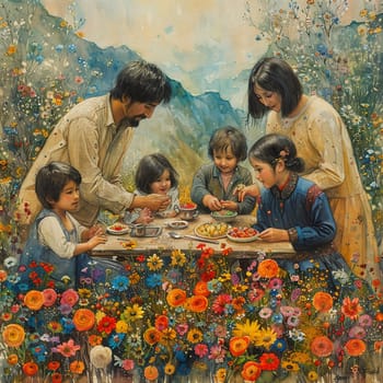 Whimsical drawing of family preparing Nowruz feast with colorful spring flowers.