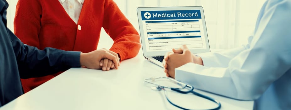 Couple attend fertility or medical consultation with gynecologist at hospital as family planning care for pregnancy. Husband and wife consoling each other through doctor appointment. Panorama Rigid