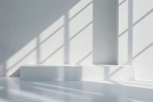 A white room with a white bench and a white wall. The bench is empty and the room is very bright