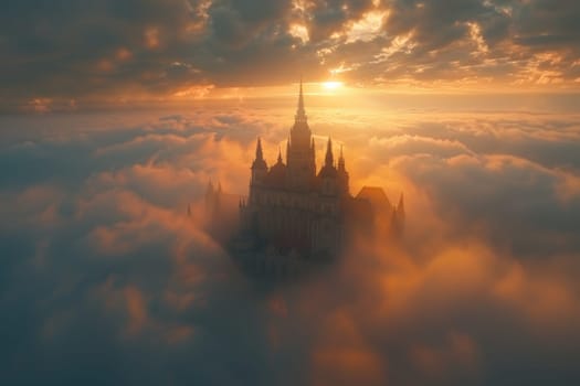 A castle is seen in the clouds with the sun shining on it. The castle is surrounded by fog and the sky is cloudy