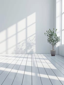 A white room with a large window and a potted plant. The room is empty and the plant is the only decoration. The sunlight coming through the window casts a shadow on the floor, creating a peaceful