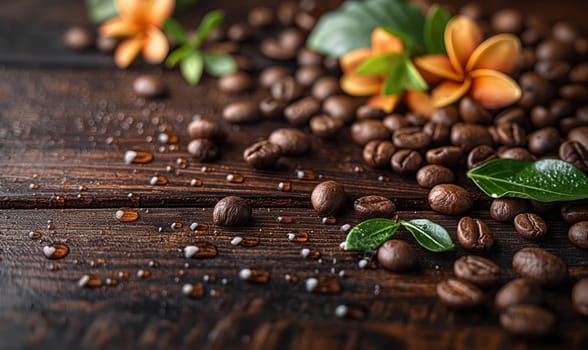 Coffee beans with flowers on the table. Selective soft focus.