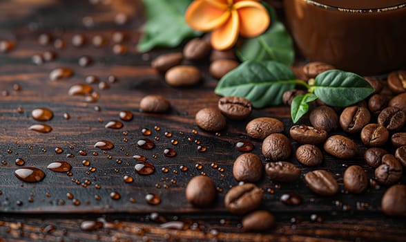 Coffee beans with flowers on the table. Selective soft focus.