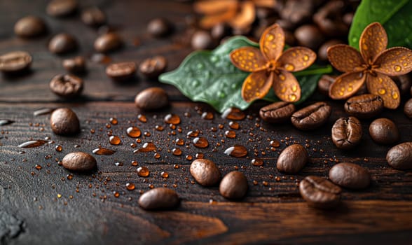 Coffee beans with flowers on the table. Selective soft focus.