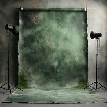 Photo studio with lamps and green background. Selective soft focus.