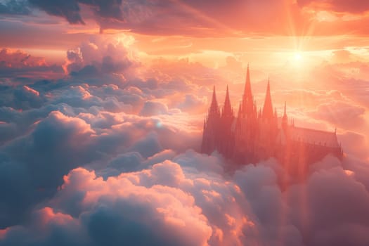 A castle is seen in the clouds with the sun shining on it. The castle is surrounded by fog and the sky is cloudy
