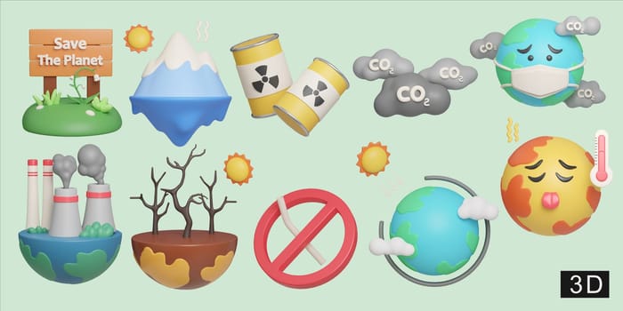 Eco Global Warming icon set Illustration Eco global warming icons. 3D Illustration.