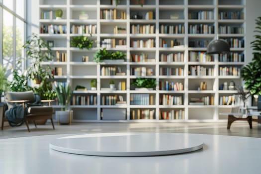 A white table with a round top and a white vase on it. The room is filled with bookshelves and potted plants