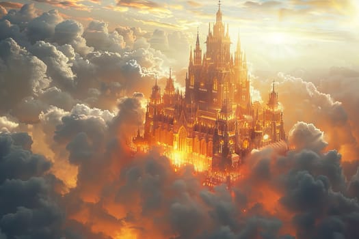 A castle is seen in the clouds with the sun shining on it. The castle is surrounded by fog and the sky is cloudy