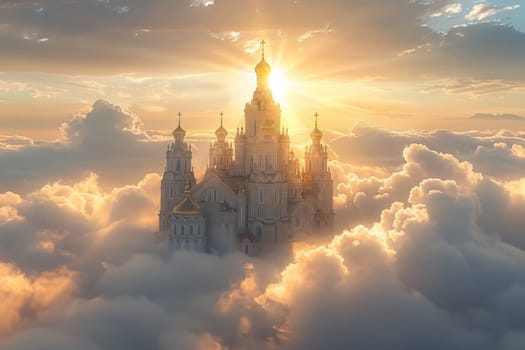 A castle is floating in the sky with a sun shining on it. The castle is surrounded by clouds and the sky is filled with them