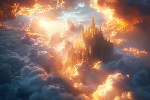 A castle is seen in the clouds with the sun shining on it. The castle is surrounded by fog and the sky is cloudy