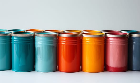 Cans of paint on a white background. Selective soft focus.