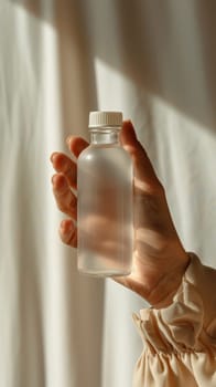 A person is holding a bottle of lotion in their hand. The bottle is made of clear plastic and is filled with a clear liquid