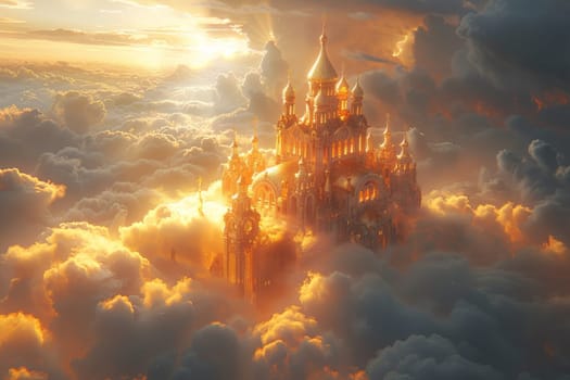 A castle is seen in the clouds with the sun shining on it. The castle is surrounded by fog and the sky is cloudy