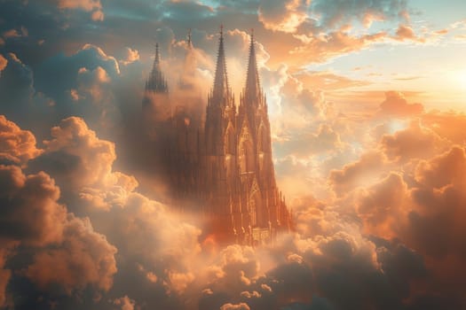 A castle is seen in the clouds with the sun shining on it. The castle is surrounded by fog and the sky is cloudy