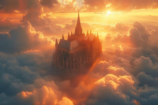 A castle is seen in the clouds with the sun shining on it. The castle is surrounded by fog and the sky is cloudy