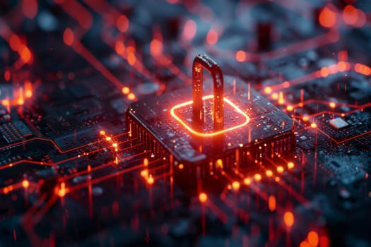 A computer chip with a red lock on it. The lock is glowing and surrounded by a red background. Concept of security and protection, as the lock is a symbol of safeguarding information