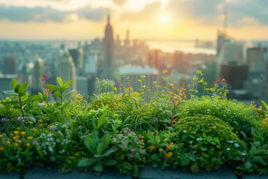 A cityscape with a rooftop garden filled with various vegetables and plants. The garden is a peaceful oasis in the midst of the bustling city