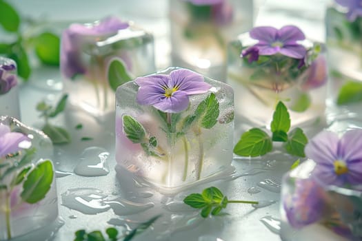 A close up of a table with a bunch of ice cubes and flowers. The flowers are purple and green