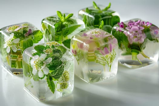 A close up of a table with a bunch of ice cubes and flowers. The flowers are purple and green