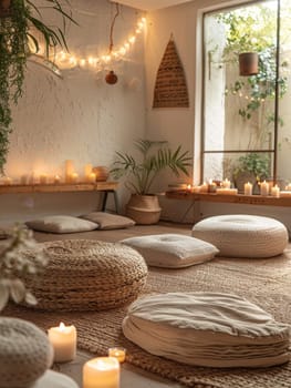 A room with a rug and pillows, lit with candles and lamps. The room has a warm and cozy atmosphere