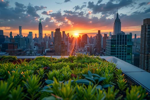 A cityscape with a rooftop garden filled with various vegetables and plants. The garden is a peaceful oasis in the midst of the bustling city