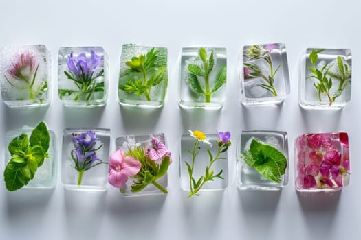 A close up of a table with a bunch of ice cubes and flowers. The flowers are purple and green