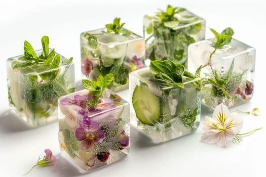 A close up of a table with a bunch of ice cubes and flowers. The flowers are purple and green