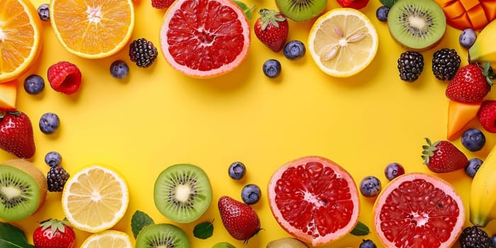 A yellow background with a variety of fruits including oranges, kiwis, strawberries, and grapes