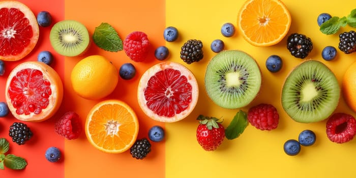 A colorful fruit display with oranges, kiwis, and strawberries. The oranges are cut in half and the kiwis are sliced