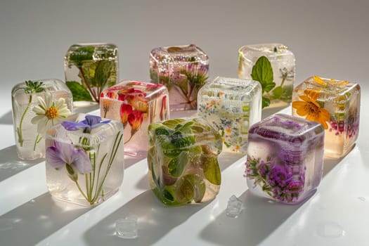 A row of ice cubes with flowers on them. The ice cubes are arranged in a row and are all different sizes