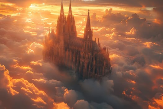 A castle is seen in the clouds with the sun shining on it. The castle is surrounded by fog and the sky is cloudy