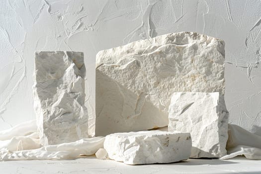 Minimalistic white stone podium. Mock up for product, cosmetic presentation. Pedestal, platform for beauty products. Empty scene. Stage, display, showcase. Nordic style. Copy space. Generative AI