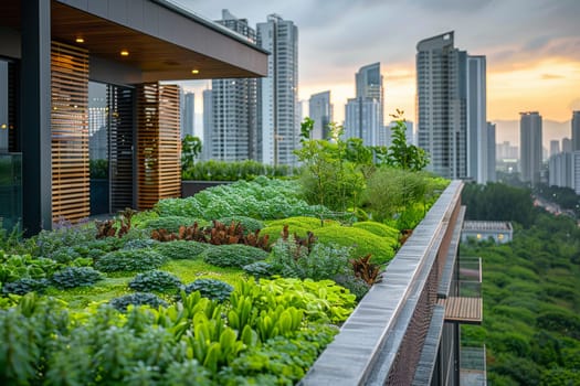 A rooftop garden with a view of a city skyline. The garden is filled with various plants and trees, creating a peaceful and serene atmosphere