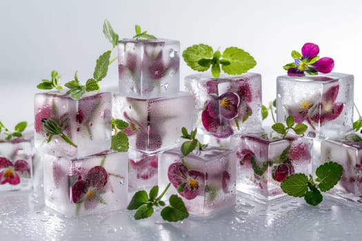 A close up of a table with a bunch of ice cubes and flowers. The flowers are purple and green