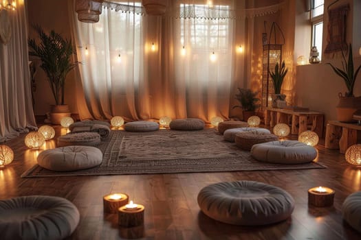 A room with a rug and pillows, lit with candles and lamps. The room has a warm and cozy atmosphere