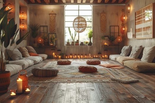 A room with a rug and pillows, lit with candles and lamps. The room has a warm and cozy atmosphere