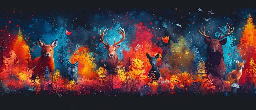 Abstract illustration of animals coming together in colorful forest, representing World Wildlife Day.