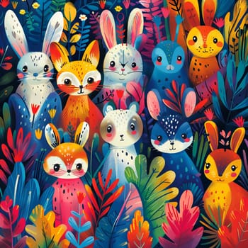 Abstract illustration of animals coming together in colorful forest, representing World Wildlife Day.