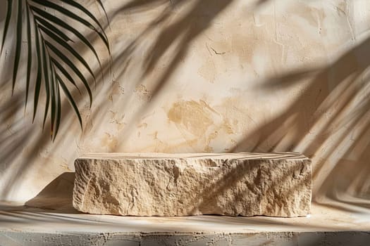 Beige stone podium with palm leaves shadows. Mock up for product, cosmetic presentation. Pedestal, platform for beauty products. Empty scene. Stage, display, showcase. Copy space. Generative AI