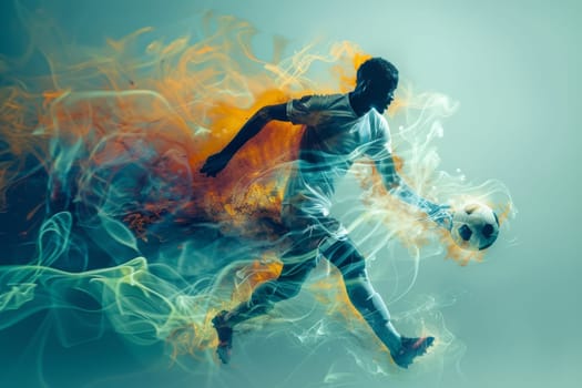 A soccer player is kicking a ball on a field with a blue and orange background. Concept of energy and excitement, as the player is in motion