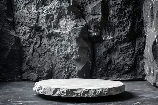 Minimalistic stone podium. Mock up for product, cosmetic presentation. Pedestal, platform for beauty products. Empty scene. Stage, display, showcase. Nordic style. Copy space. Generative AI