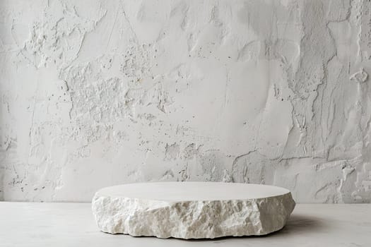 Minimalistic white stone podium. Mock up for product, cosmetic presentation. Pedestal, platform for beauty products. Empty scene. Stage, display, showcase. Nordic style. Copy space. Generative AI