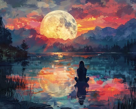 Digital art piece of people around globe turning off lights for EarthSerene painting of woman practicing yoga by lake at dawn, celebrating Women's Day.