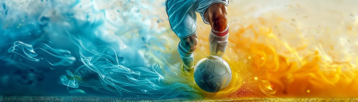 A soccer player is kicking a ball on a field with a blue and orange background. Concept of energy and excitement, as the player is in motion