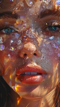 A close up of a womans face with glitter on her nose, chin, mouth, and jaw. She wears a hat in an art movie, highlighting her wrinkles and facial hair like a painting