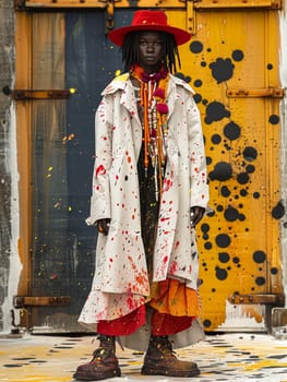 Editorial fashion photograph of avant-garde Holi festival attire with splashes of color